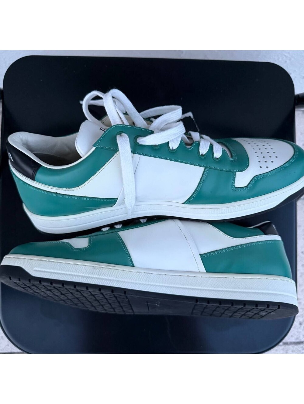 Prada Sneakers Green White Size 11 Leather Low Top Lace Up Italy 2EE364 - Picture 11 of 13